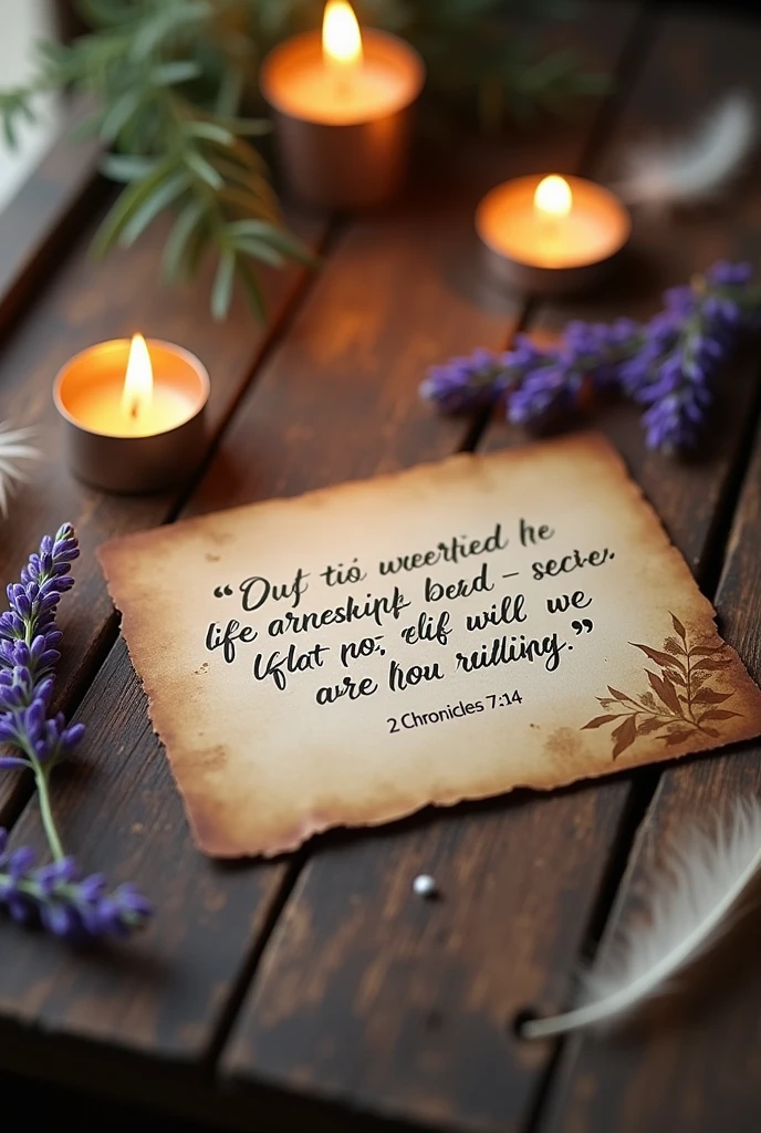 Create an image of a post card that contains 2 Chronicles 7:14 and the whole Bible verse with candles, lavender and feathers near the post card on an old dusty table