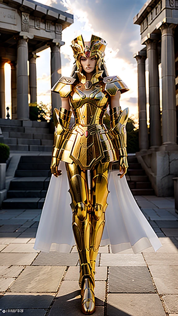 hyper realistic ultra  Gemini Armor sparkling, gold armor sparkling, armor, Dramatic skies, looking at the audience, armor, Shut up, Upper Body, Serious, helmet, On the Greek temple bridge, detailed gorgeous face, 30-megapixel, 4k, Canon EOS 5D Mark IV DSLR, 85mm lens, sharp focus, intricately detailed, long exposure time, f/8, ISO 100, shutter speed 1/125, diffuse back lighting, award winning photograph, facing camera, looking into camera, monovisions, perfect contrast, High sharpness, facial symmetry, depth of field, ultra-detailed photography, raytraced, global illumination, TanvirTamim, smooth, ultra high definition, 8k, unreal engine 5, ultra sharp focus, award-winning photograph, trending on artstation, realistick 8k, whole body. Go to the audience, boots. realistis. k8