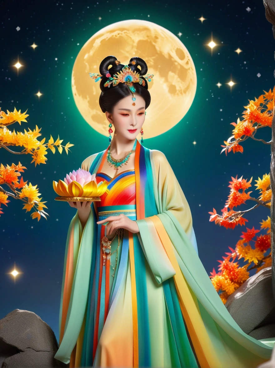 Three-dimensional ancient style, vivid Chinese aesthetics, elegant ancient Chinese fairy, Chang'e holding a mooncake, moon rabbit, starry sky, osmanthus tree, woman in luxurious seven-color rainbow Hanfu on a cliff gazing at the stars, stunning facial features, (full body:1.4), vibrant colors, sparkling attire with glittering stone patterns, shoes of semi-transparent crystal, seven-color gradient fluorescent ribbons, exquisite, light wave, traditional, delicate, perfect composition, ultra HD, crescent earrings, raised eyebrows, phoenix ornament, forehead gemstone, National style, Acrylic, Immortal aura, Mint green tones, Normal perspective, Trend on Artstation