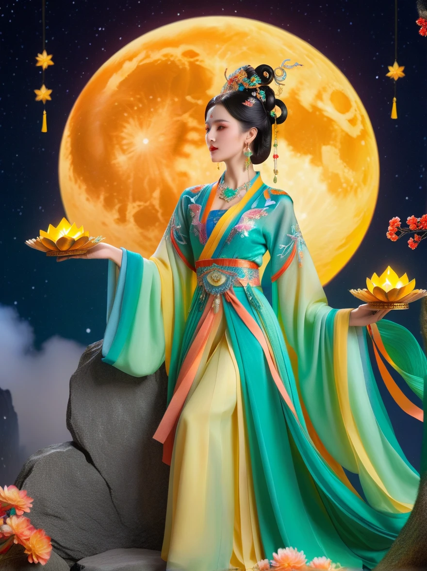 Three-dimensional ancient style, vivid Chinese aesthetics, elegant ancient Chinese fairy, Chang'e holding a mooncake, moon rabbit, starry sky, osmanthus tree, woman in luxurious seven-color rainbow Hanfu on a cliff gazing at the stars, stunning facial features, (full body:1.4), vibrant colors, sparkling attire with glittering stone patterns, shoes of semi-transparent crystal, seven-color gradient fluorescent ribbons, exquisite, light wave, traditional, delicate, perfect composition, ultra HD, crescent earrings, raised eyebrows, phoenix ornament, forehead gemstone, National style, Acrylic, Immortal aura, Mint green tones, Normal perspective, Trend on Artstation