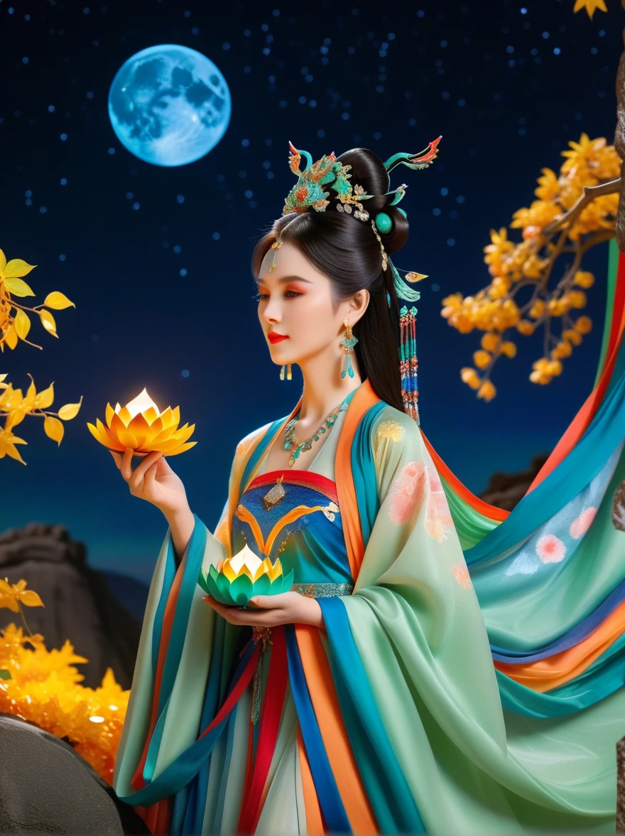 Three-dimensional ancient style, vivid Chinese aesthetics, elegant ancient Chinese fairy, Chang'e holding a mooncake, moon rabbit, starry sky, osmanthus tree, woman in luxurious seven-color rainbow Hanfu on a cliff gazing at the stars, stunning facial features, (full body:1.4), vibrant colors, sparkling attire with glittering stone patterns, shoes of semi-transparent crystal, seven-color gradient fluorescent ribbons, exquisite, light wave, traditional, delicate, perfect composition, ultra HD, crescent earrings, raised eyebrows, phoenix ornament, forehead gemstone, National style, Acrylic, Immortal aura, Mint green tones, Normal perspective, Trend on Artstation