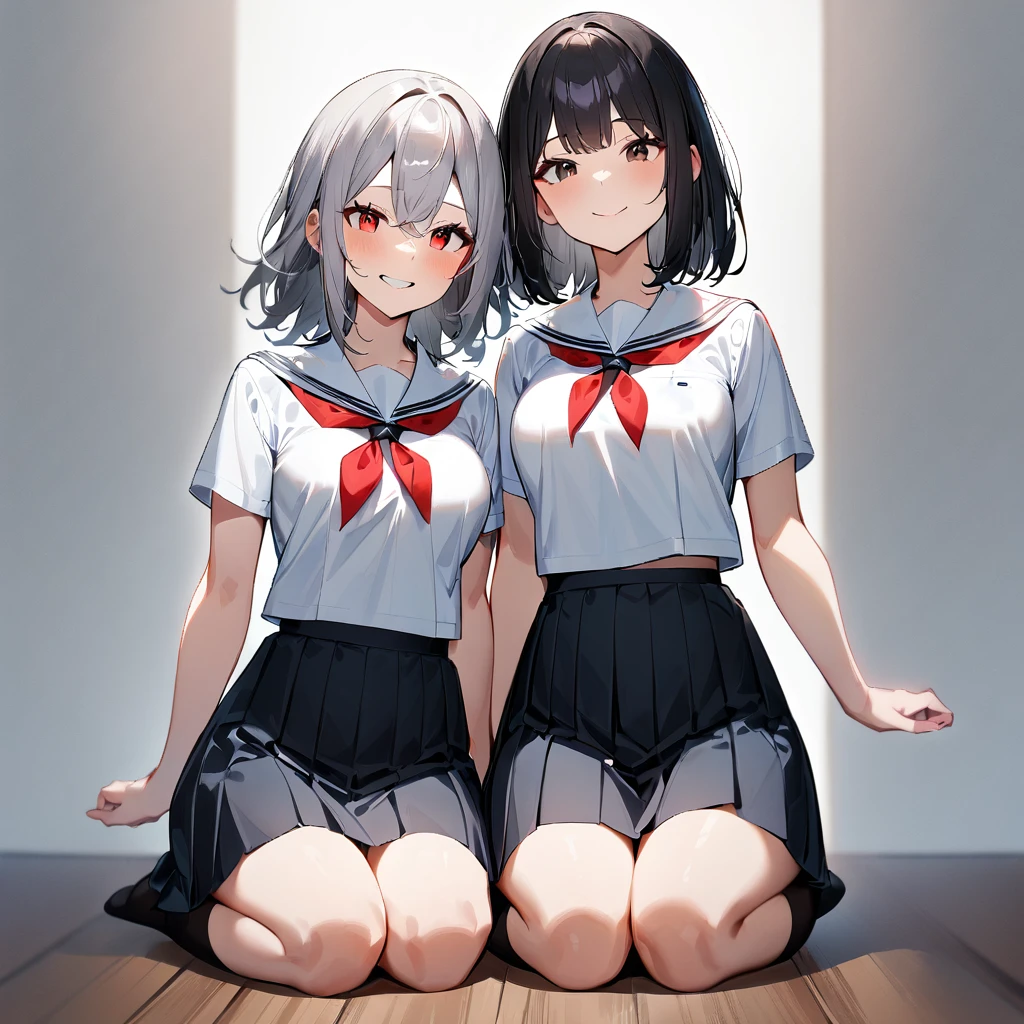 (2girls),adult,smile,school_uniform,White sailor,bareLegs,feet,medium hair.black hair,gray hair,black eyes,red eyes,medium_breasts,breasts,masterpiece, best quality, very aesthetic, absurdres,front View,(straight-on),side by side,seiza,light,Between on Legs