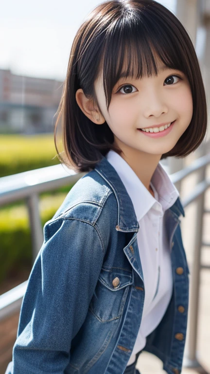 (8k),(masterpiece),(Japanese),(),((Innocent look)),((Childish)),from the front,smile,cute,Innocent,Kind eyes,Plain T-shirt,Short sleeve,Blue checked short skirt,(Carrying a red backpack),semi-long,Hair blowing in the wind,Black Hair,Somewhat strong wind,noon,bright