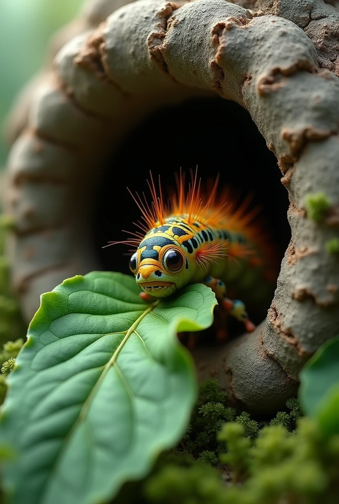 a caterpillar inside a broken rock is eating a green leaf at the tip of its mouth
