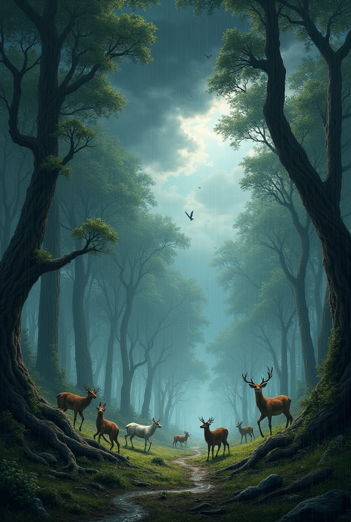 Strong storm hitting a forest with animals running for shelter