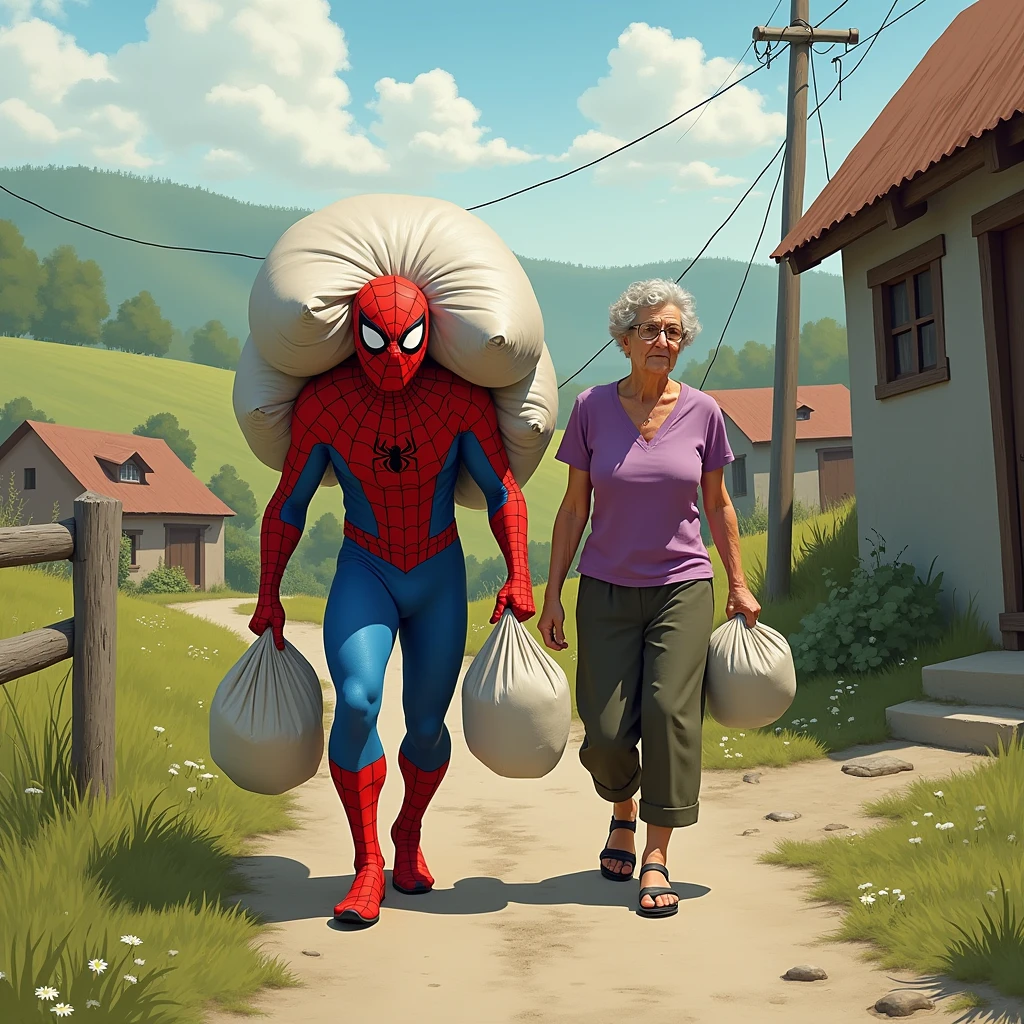 It looks like you've shared an image showing Spider-Man carrying two large sacks while walking beside an elderly woman in a rural setting. The image blends the superhero character with a more everyday, real-world scenario, which gives it an interesting and humorous contrast.