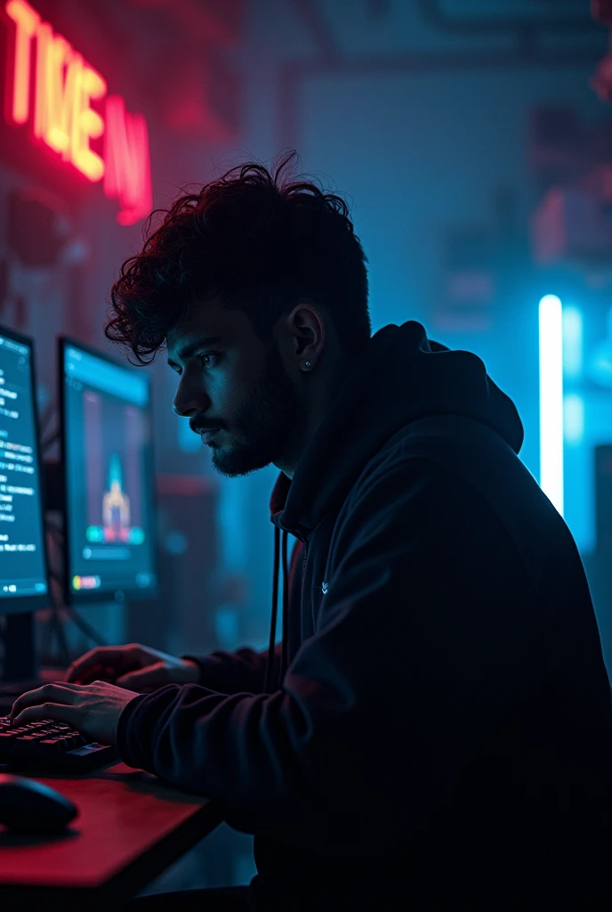 Profile photo of a person with their face covered programming in dark colors, a gamer background so that their face is not visible at all 