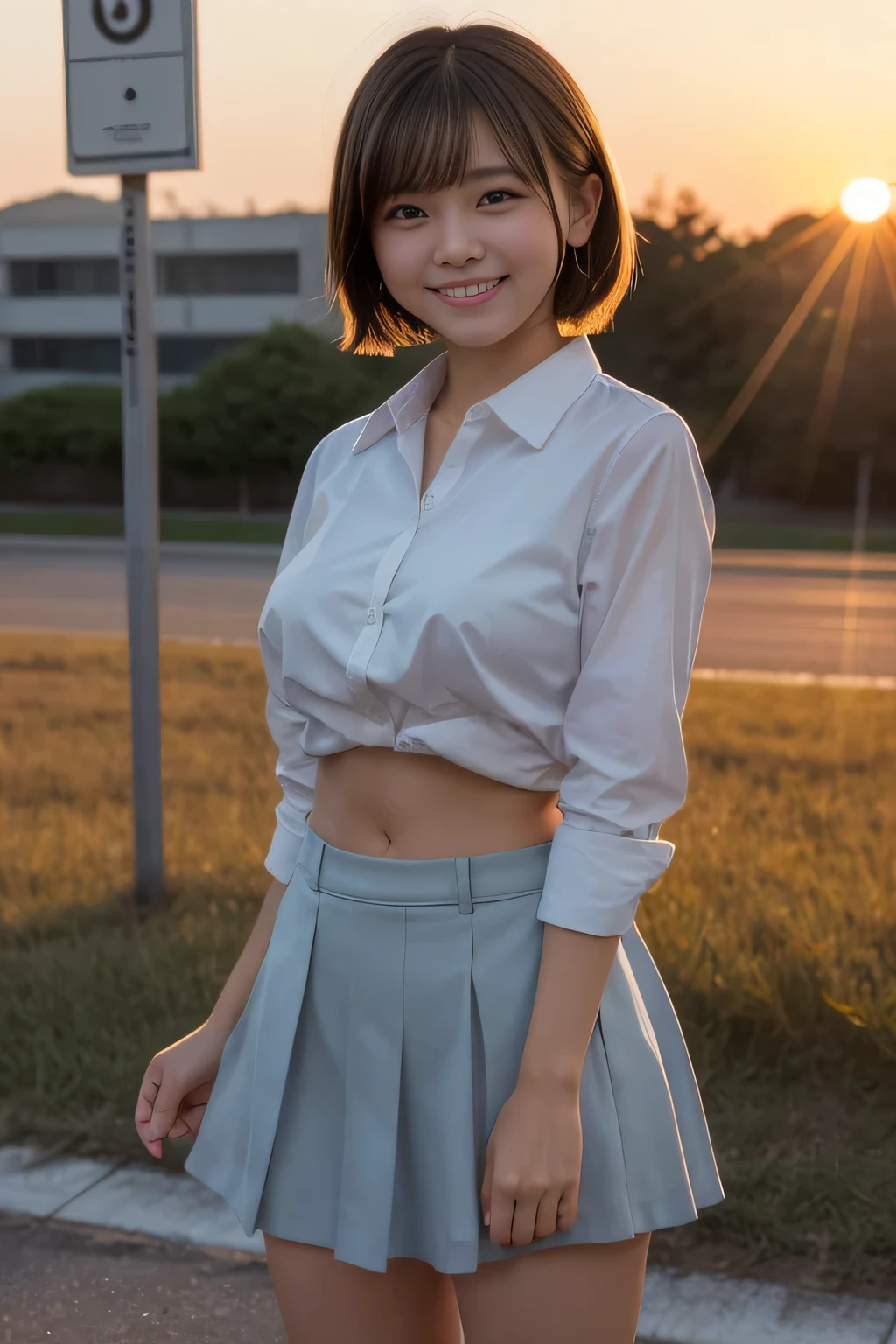 highest quality, masterpiece, Ultra-high resolution, (Reality: 1.4), Original photo, 1 woman, mature, happy smile, short hair, plump body, , Cinema Lighting, from below, ゆったりとしたライトブルーのシャツ, sunset, cowboy shot、High school girls after school