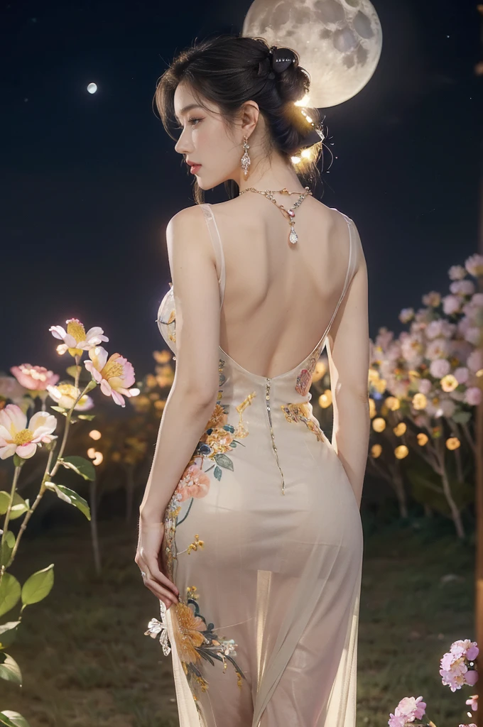 (((best quality))),(((ultra detailed))),(((masterpiece))),illustration,((1 girl,solo)),(neat chignon:1.2),(beautiful face:1.3),((earrings,crystal necklace)),((slim,thin)),((bare back,towering hips,butt crack)),(stockings:1.3),(a moon in the clear night sky as the background:1.3), gentle glow,(Standing in the world full of vibrant flowers:1.3),(gorgeous sheer Chinese dress:1.3),sparkling eyes,graceful,(surrounded by crowded colorful flowers:1.5), kaleidoscope, shimmer,bright moonlight, delicate petals, fragrance, otherworldly, magical realm, enchantment, tranquility, essence of beauty, peace,(outdoor:1.2),(night scene:1.3),((from back,upper body))