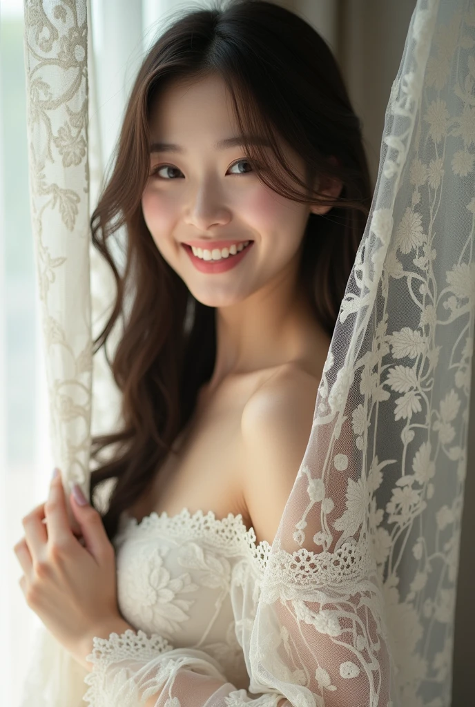 Woman wrapped in curtains、Lace curtains、Beauty、韓国人Beauty、裸のBeauty、Intricate lace curtains、Long Hair、Smiling with teeth showing、Looks fun lol、Perfect proportions