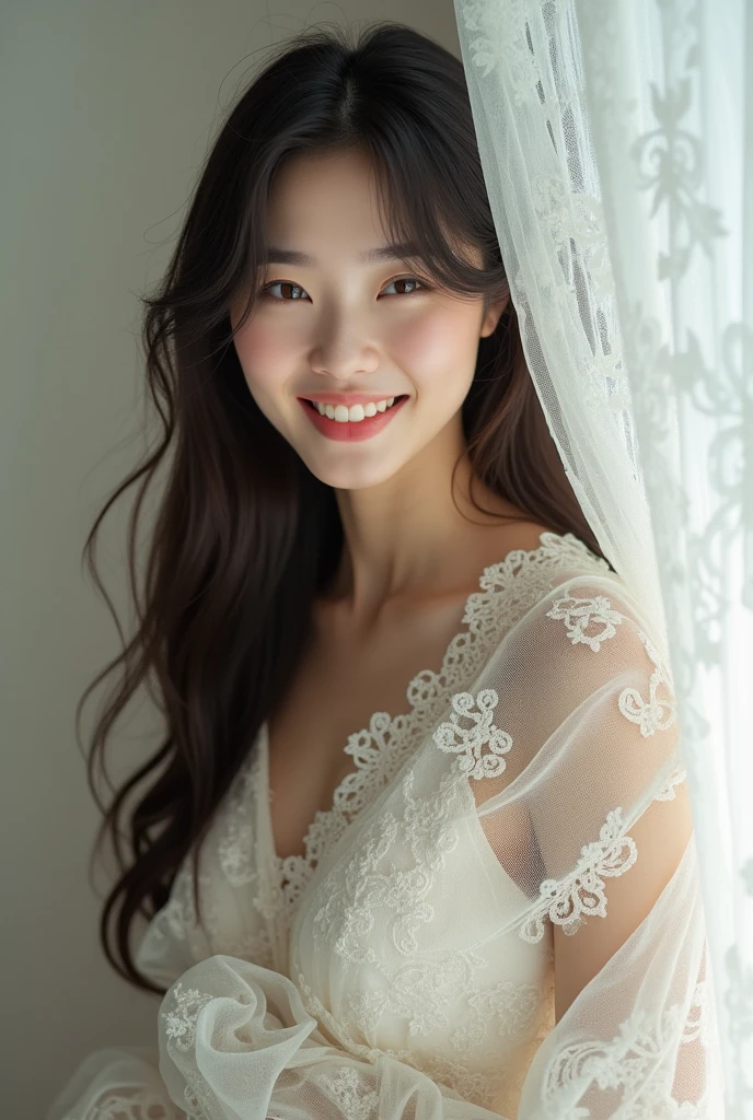 Woman wrapped in curtains、Lace curtains、Beauty、韓国人Beauty、裸のBeauty、Intricate lace curtains、Long Hair、Smiling with teeth showing、Looks fun lol、Perfect proportions