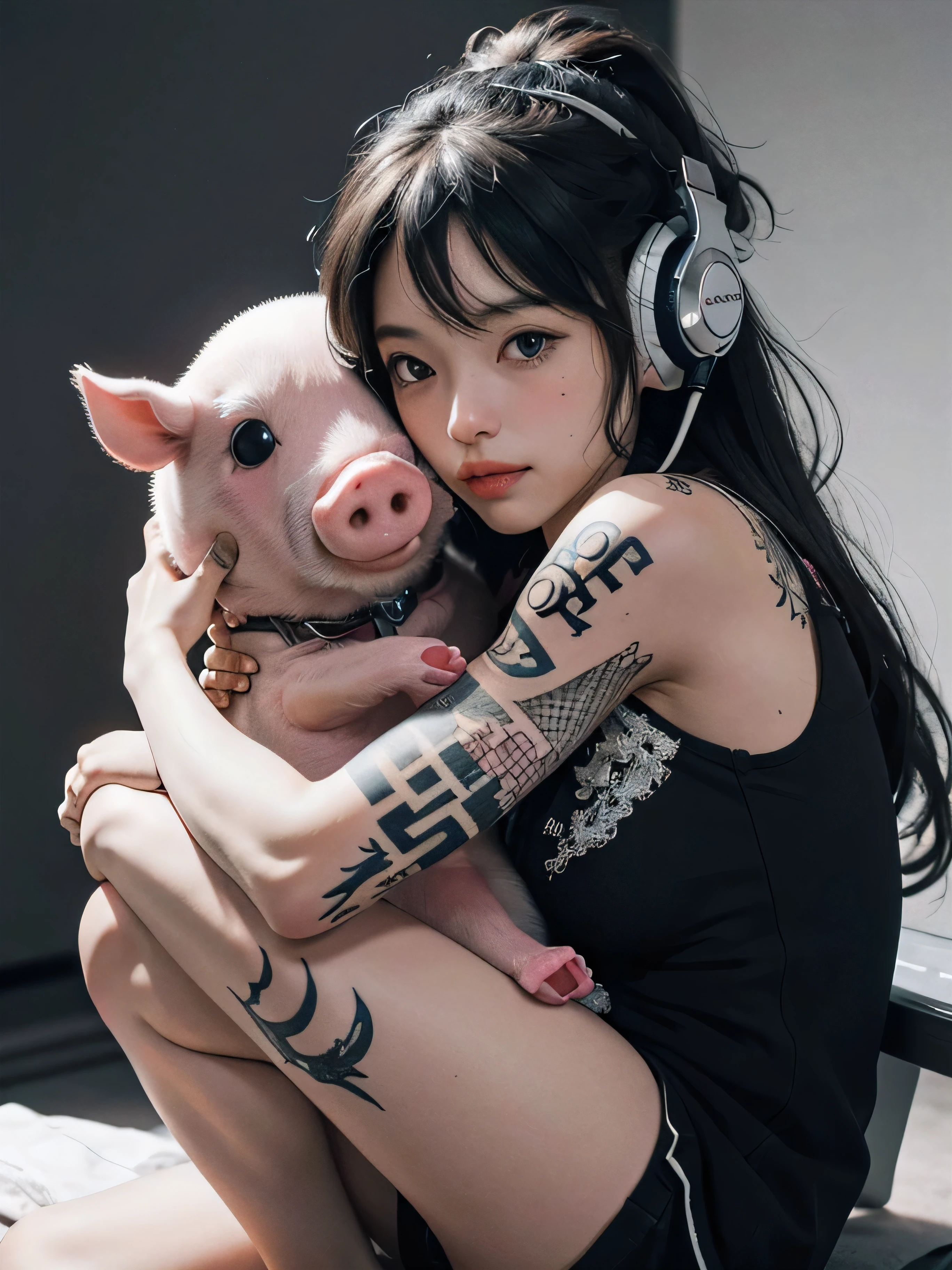 monochrome photography、best image quality、RAW development、tattoo、bright background、whole body、1 girl、Bigger headphones、tattoo on feet、feet、Hug a stuffed pig