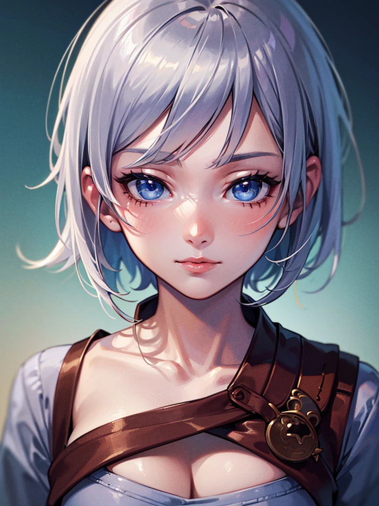 ((perfect anatomy:1.3,realistic:1.3,masterpiece、highest quality、Ultra - High resolution、High resolution、Highly detailed CG、8K)), 1girl, Silver hair, short hair, light blue eyes, Anime Bishoujo, drawn in the style of Japanese anime,