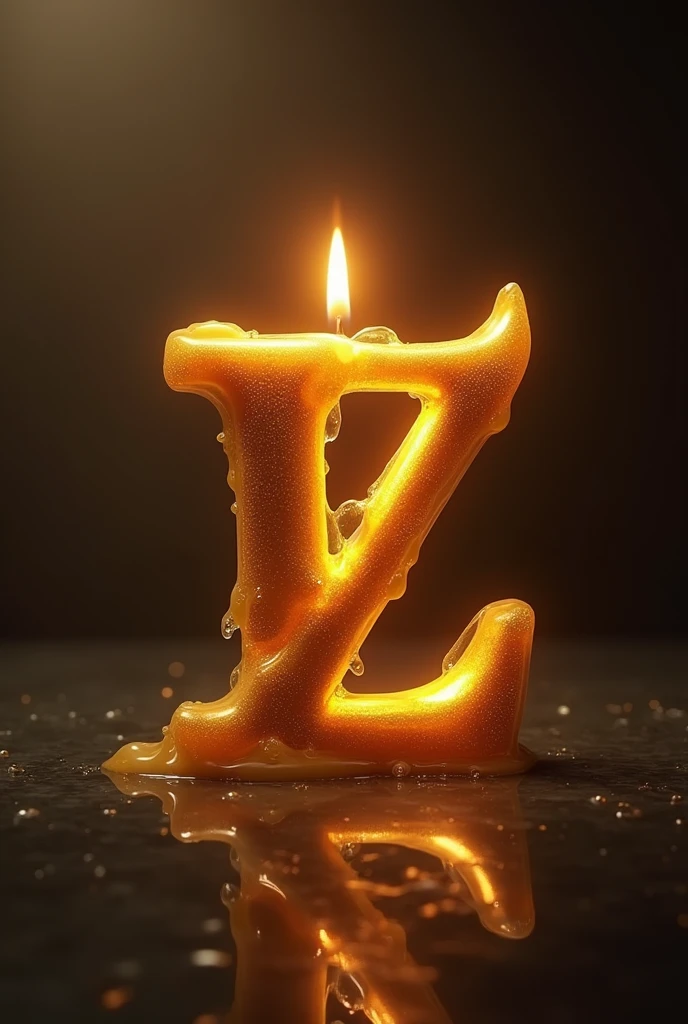 Generate a hyper-realistic golden LE logo merged into a modern fusion between the letter L and E joined by a lit candle melting with a real 4D view