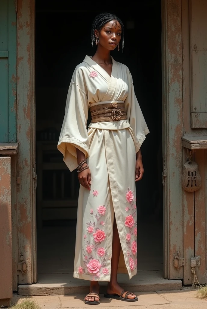 I would like a americam black woman with short black braided hair that has white tips, facial markings, earrings, and a beautiful appearance. She wears a white kimono with pink flowers on it, and the interior of the kimono is black. She wears wooden sandals. I would like her to have a mature style, and the art should be in a fantasy RPG style set in the Old West.
