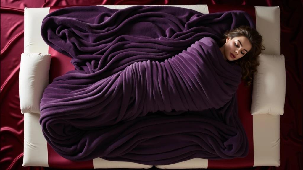 The picture depicts a woman lying on a luxurious mattress covered tightly with three luxurious dark red blankets, very thick, very soft, very soft and very heavy, lying on a very soft bed with red sheets. The person is covered completely from from head to toe so it looks like a cocoon and mummy, the position of the picture shows the whole body, only a small part of the face and hair are visible, showing white skin.