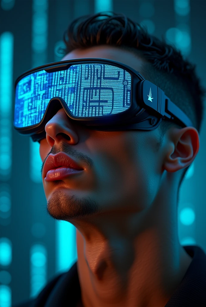 (masterpiece:1.2,excellent quality,Like a mirror,cinematic experience),8K,wallpaper,Ray Tracing,Brazilian football star Ronaldini, (Wearing futuristic cyber goggles:2.0,Data displayed on the goggles:2.0,Goggles detailed diagram:2.0),(A face that pays attention to detail,Delicate skin texture,Beautiful Skin),(Looking at the camera),(front),(Close-up of face:2.0),(Server Punch:2.0),(The background is a wall of data:2.0),(Glossy lips:1.5)