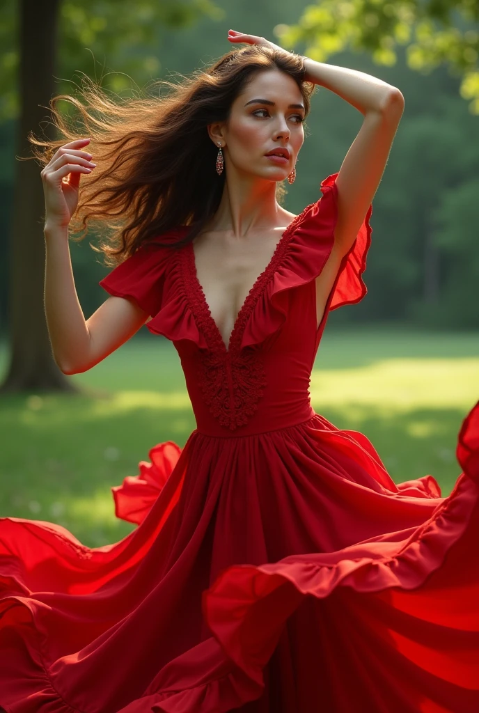 Woman Jennifer connelly model long hair Brown blue eyes dress red ballet flamenco sevillana volantes in park