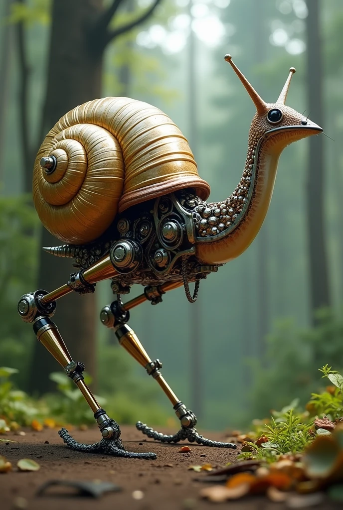 (photorealism:1.2), A snail with mechanical ostrich legs