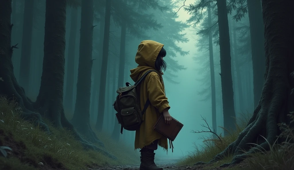 A determined young girl, dressed in a simple cloak, holding a backpack and an old diary, standing at the dark and mysterious edge of a tall, shadowy forest. drawing