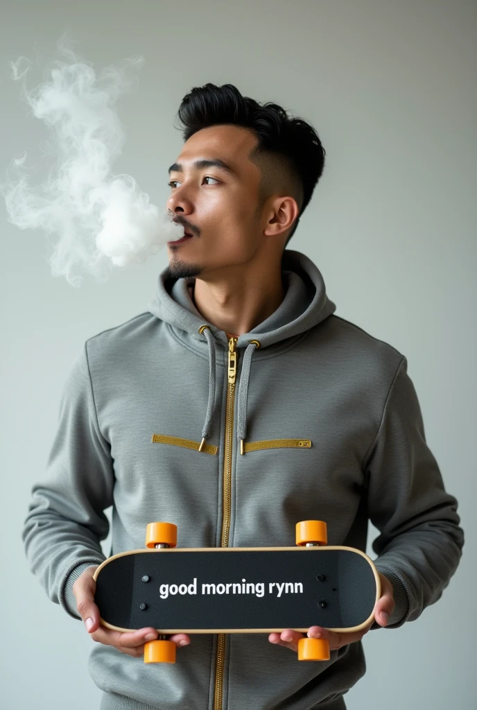 A photography of vape smoke malay handsome man is wearing grey gold sport clothes style and he was holding a mini board saying "GOOD MORNING RYNN"