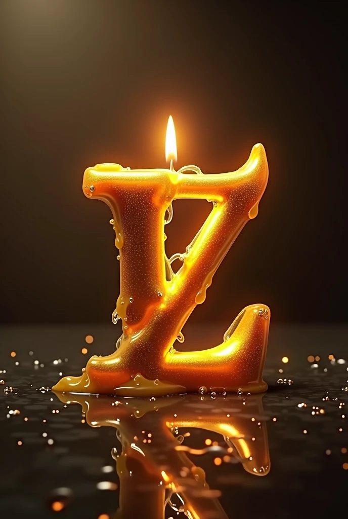 Generate a hyper-realistic golden LE logo merged into a modern fusion between the letter L and E joined by a lit candle melting with a real 4D view