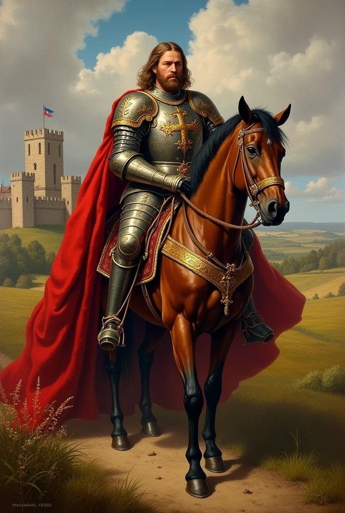 King Edward III of England in battle dress, by horse, in the Crécy countryside, 1346 castle background swords