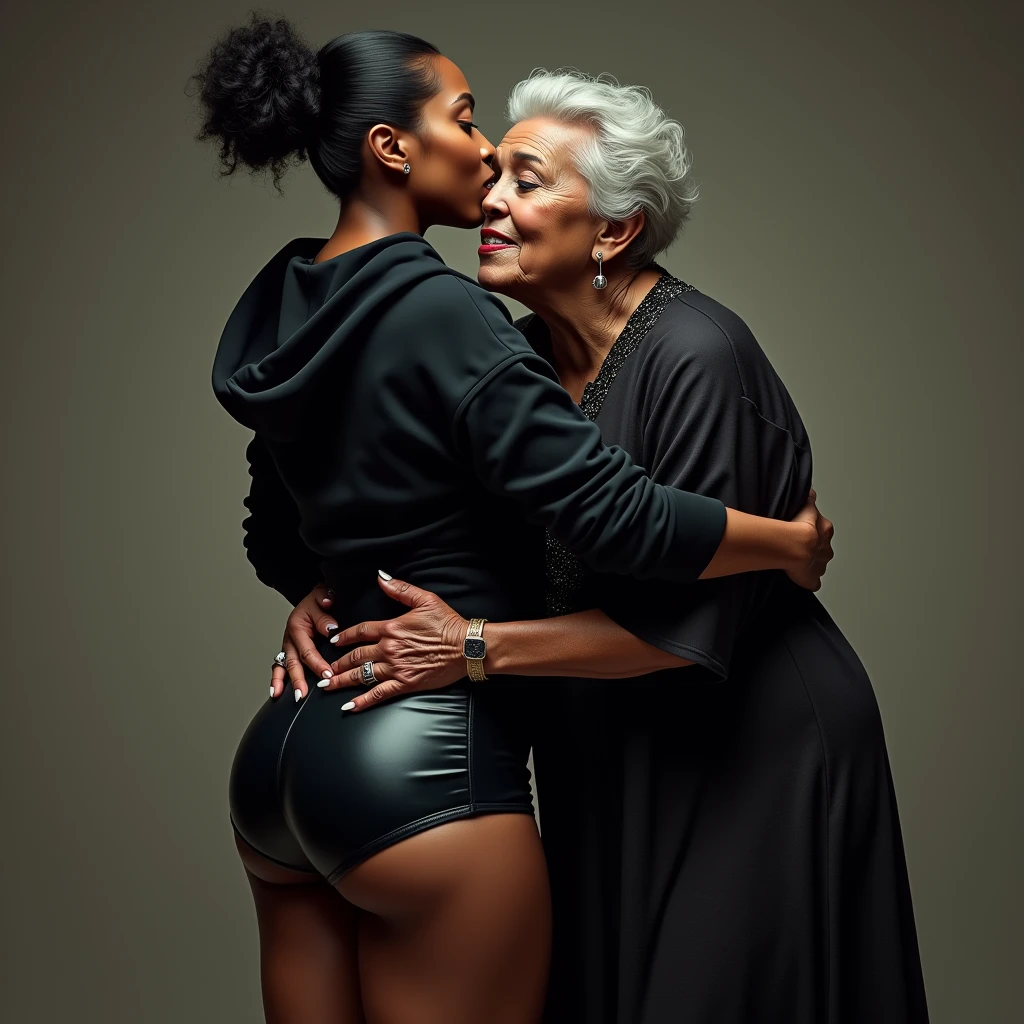 black woman hair in a bun black hoodie black leather short shorts a old grandma in a dress kissing her ass behind her squeezing her butt