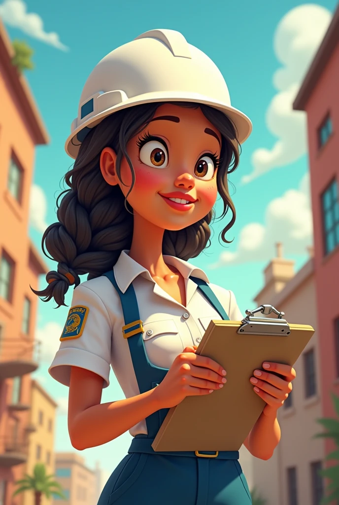 A woman dressed as an occupational health and safety professional, king,of braids, white helmet performing an animated cartoon-style inspection