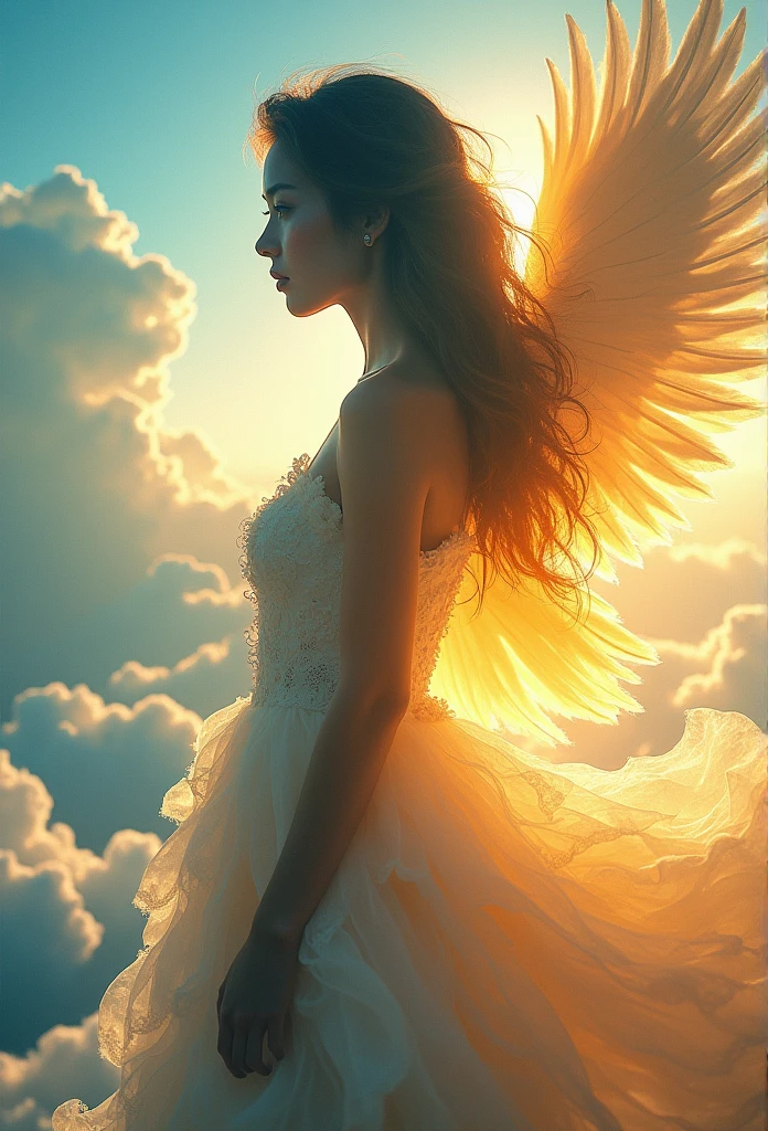 (Ultra HD photo, sharp outline quality), Best quality, Realistic 8K stock photo, (Transparent silhouette of upper body of pretty girl in flowing fluffy dress looking at viewer_Close up angle), (Zoom in focus: 1.3 on beautiful city background inside girl silhouette and golden phoenix with gorgeous wings overlapping inside girl silhouette, golden feathers fluttering in the air with wing flap_Dynamic angle), Inside silhouette, left city is heaven, right city is heaven, sunny day outdoor blue sky, fluffy clouds, halo, (Realistic photo image with vivid colors of vivid blue, white and gold),