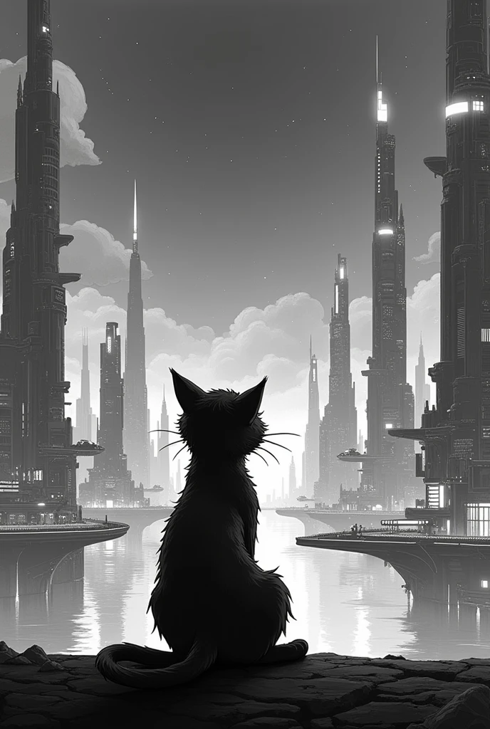 black and white image of an animated cat sitting on his back looking at a futuristic city
