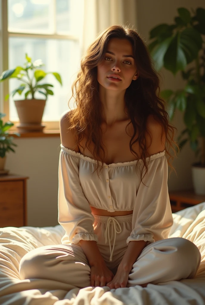 (photorealism:1.2), beautiful woman, sitting on bed, wearing loose off-shoulder top, pajama pants, long curly hair, indoors, soft lighting, plants in background, window with sunlight, cozy room, relaxed pose, realistic, intricate details, warm colors, by Greg Rutkowski, by Alphonse Mucha