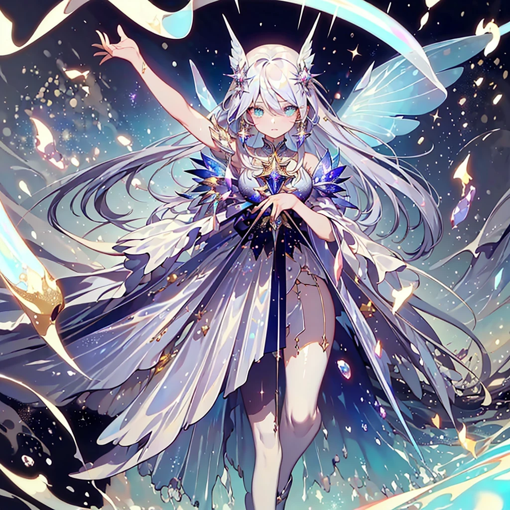 A white dragon with white scales, Wrapped around a fairy, A fairy with long flowing hair and delicate features, Wear a long dress with clear and delicate layers, And a beautiful headdress