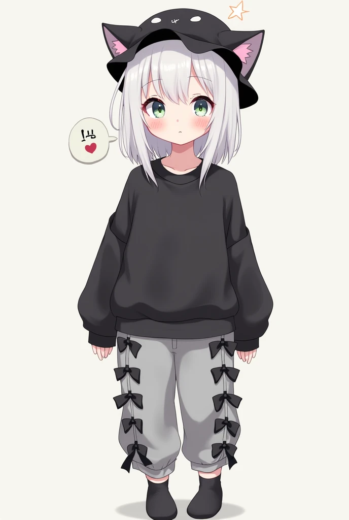 I want an anime girl with long white hair and a black cat hat and a black sweatshirt that fits her loosely and gray pants with black bows on the sides and that has gray socks and that looks cute.