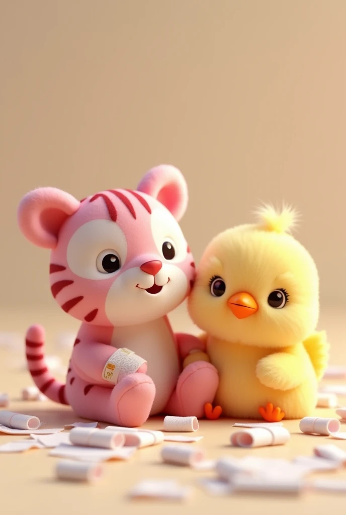 (animated 3d) a little pink tiger with a bandage on his paw and a little yellow chicken with a bandage on his wing, sitting next each other with more bandages