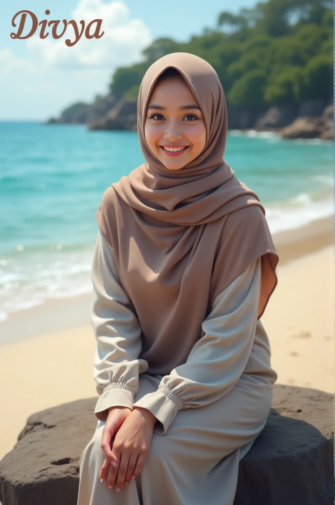 Indonesian girl, , wearing a hijab, beautiful face, facing forward, nameplate saying "DIVYA" with the same spelling, sitting on a rock, beautiful beach atmosphere, half body.