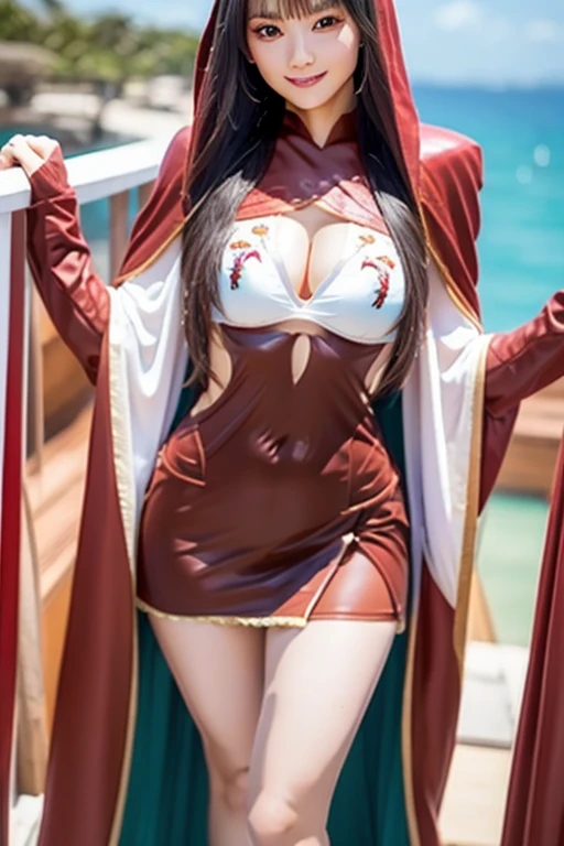 Tall and cute idol knight girl、whole body、Good style、、、、、、、、、、Tanned thick legs、、Red armor
(Fish Embroidery、Scale Cloak of Passion)、、A pure idol face、Red long hair、Ocean