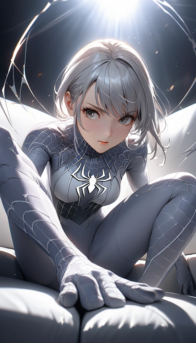 (CG Unity 8K wallpaper in extreme detail，tmasterpiece，Highest image quality)，(Delicate light and shadow，The picture is highly dramatic，Cinematic lens effect)，A girl in a white Spider-Man costume，Silver-gray hair color，From the Spider-Man parallel universe，Wenger，Marvel，Spidey，sitting in the couch，dynamicposes)，(Exceptional detail，The lighting effect is outstanding，Vista wide angle)，(Excellent rendering，Enough to stand out from the crowd)，The focus is on the white Spider-Man costume，Complex spider textures，Clear bikini，Large breasts，anime big breast，Need，high high quality，Get wet with water，High exposure，Gel coat --auto