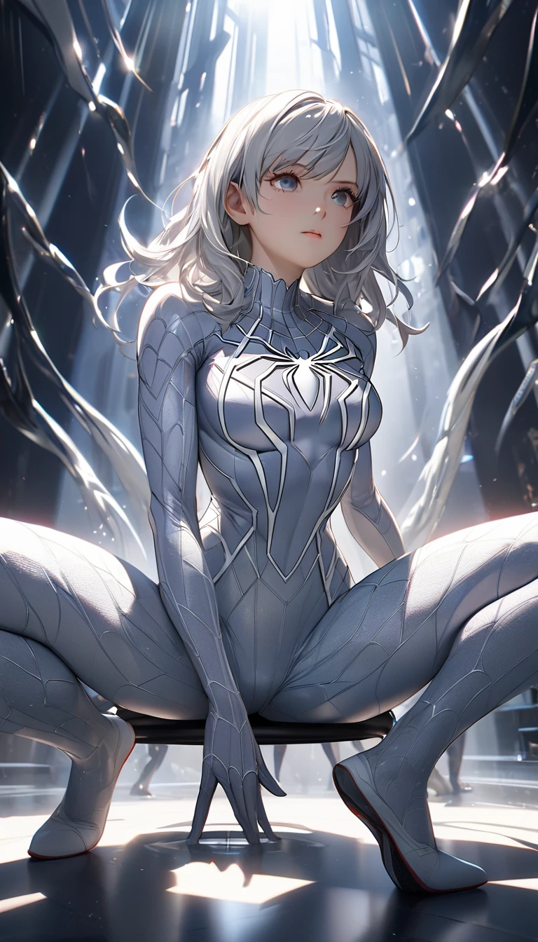 (Extreme Detail CG Unity 8K wallpaper, masterpiece, highest quality), (exquisite lighting and shadow, highly dramatic picture, cinematic lens effect), a girl in a white Spider-Man costume, silver-gray hair color, from the Spider-Man parallel universe, Wenger, Marvel, Spider-Man, sitting on the couch, dynamic pose), (excellent detail, outstanding lighting, wide angle), (excellent rendering, enough to stand out in its class), focus on white Spider-Man costumes, complex spider textures, Perfect composition