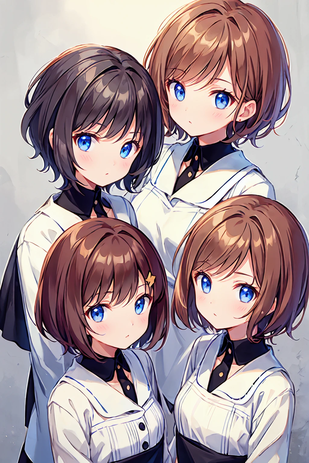 Brown Hair，，short hair，Sisters&#39; Heads，2 black hairpins，，Short sleeve，Shorts，whole body，Floating in the sky，early summer，The background is blue sky and white clouds，Happy expression，Her captivating grey-blue eyes shine like stars，，Messy Hair，Slender beauty，A dignified posture，Small chest，Beautiful feet，