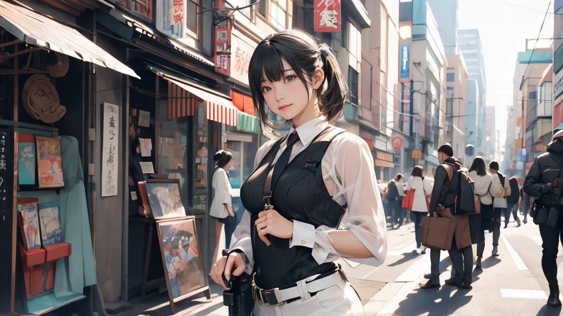 high resolution、High definition、High sensitivity、8k.Japanese、、1、cute、Idol face、Two Side Up Hair、slender、Mid-chest、(black and white high leg bodysuit:1.2)、See-through、Harness Belt、Gun Holder、(POLICE armband:1.3)、Vibrant、(Hold a gun、Firing:1.3)、bustling street、