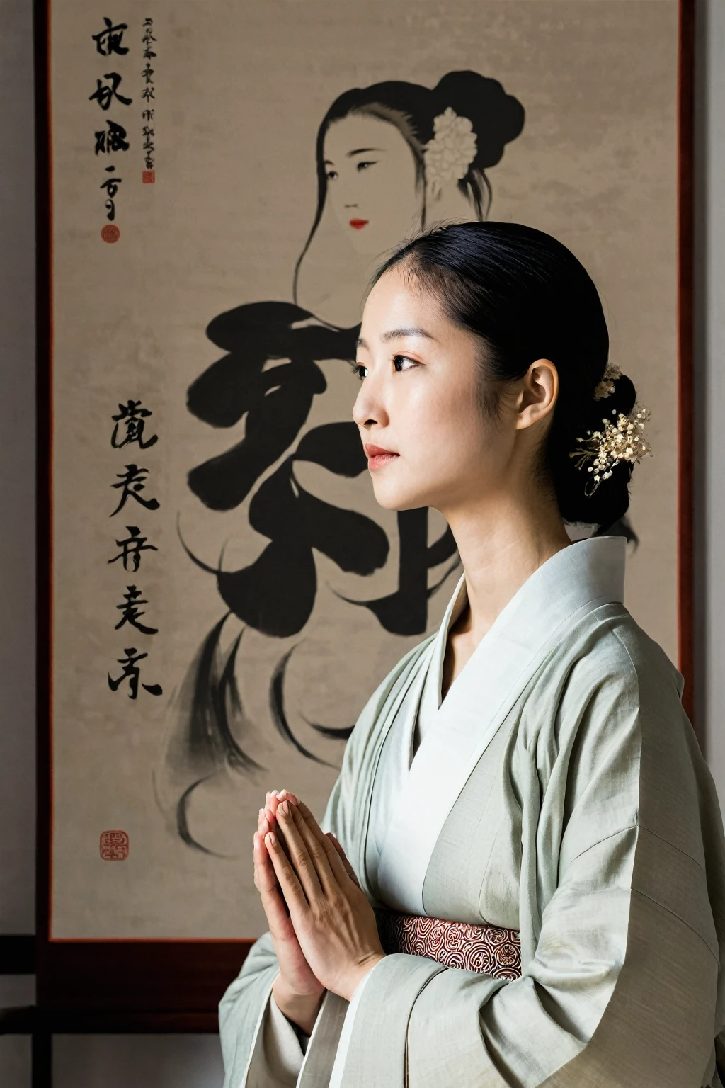 ukiyo e, poster, simplicity, with a praying woman standing in front of it