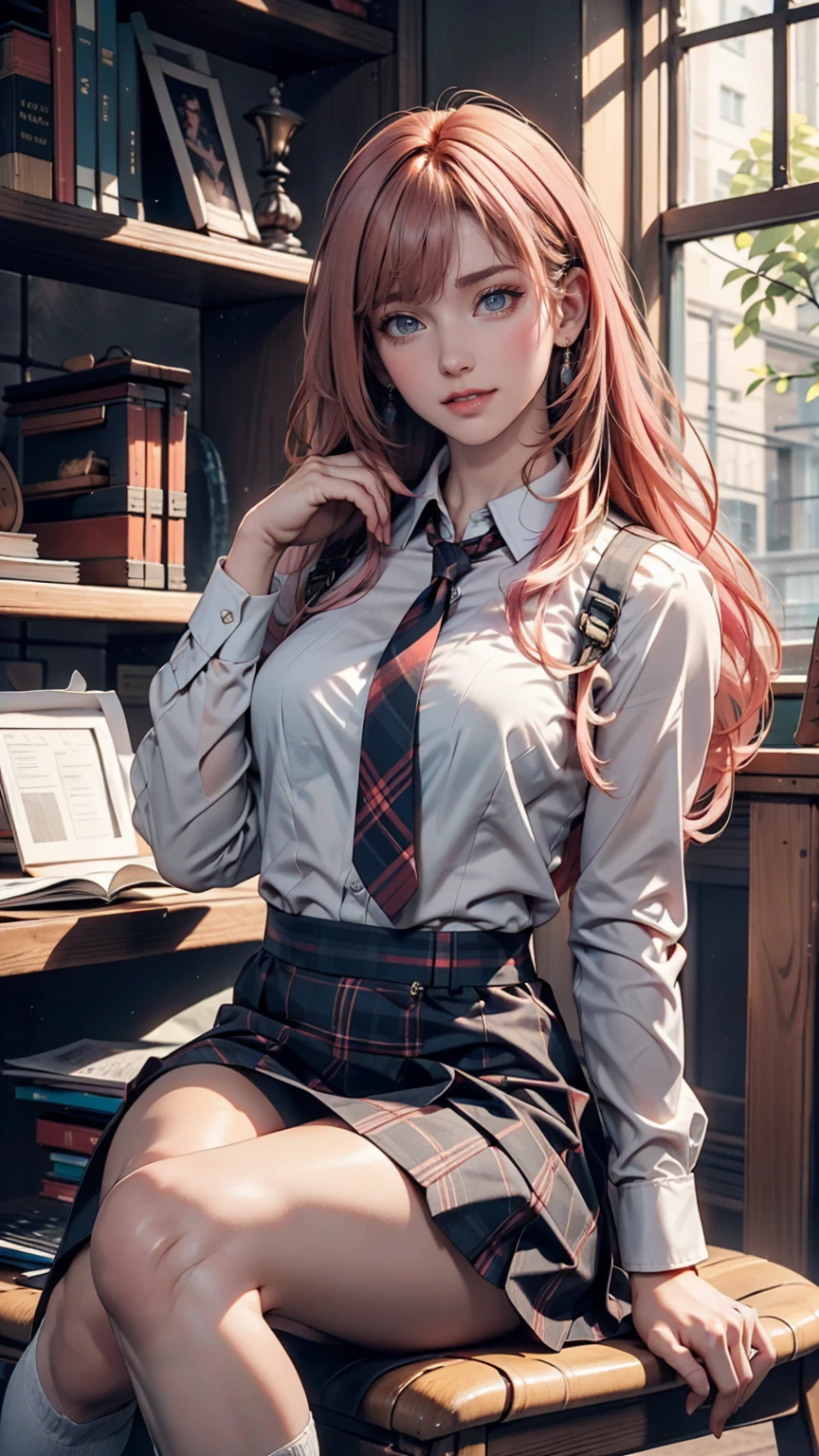 One person, Hoshino (Blue Archive), alone, Heterochromia iridis, Pink Hair, skirt, Long Hair, tie, Ahoge, shirt, Hello, Plaid skirt, blue eyes, Plaid, View your viewers, white shirt, Sitting, Orange eyes, chest Harness, Harness, Long sleeve, ID card, Open your mouth, very Long Hair, collared shirt, smile, blue tie, bangs, The legs are detached from the frame, Between the legs, hand Between the legs, blush, Hair between the eyes, High resolution,masterpiece, Highest quality