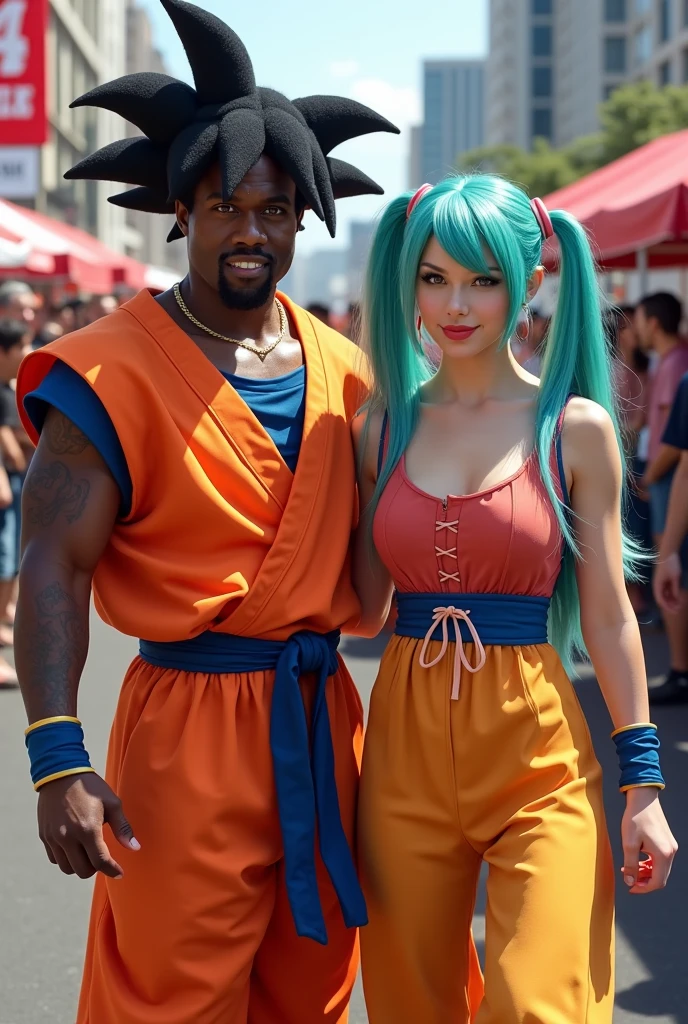 Kanye West dressed as Goku alongside Taylor Swift dressed as Hatsune Miku, both put in a cheerful and funny way, at Comic Con