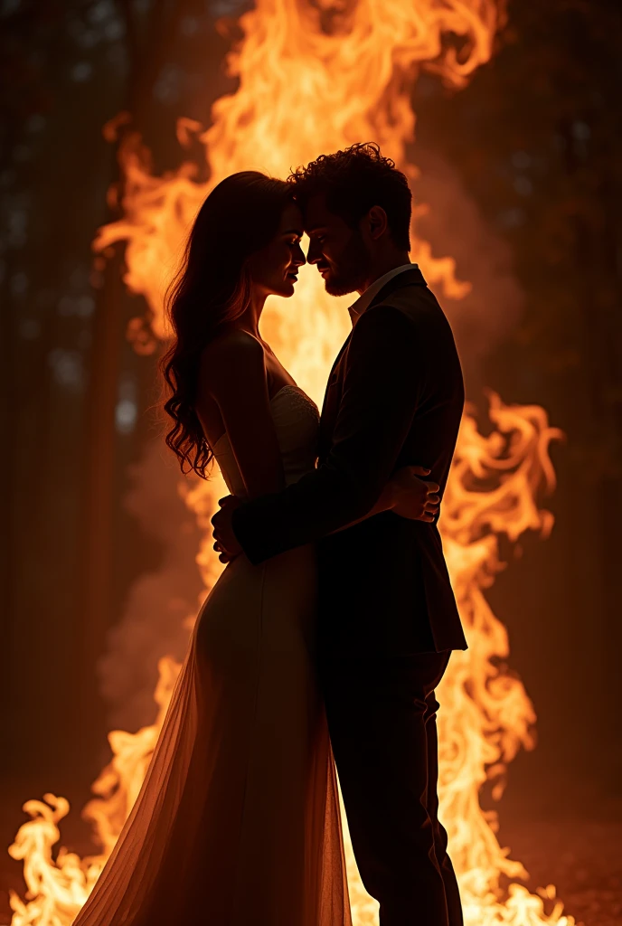 2 shadows, A man and a woman kissing but with fire around them 
