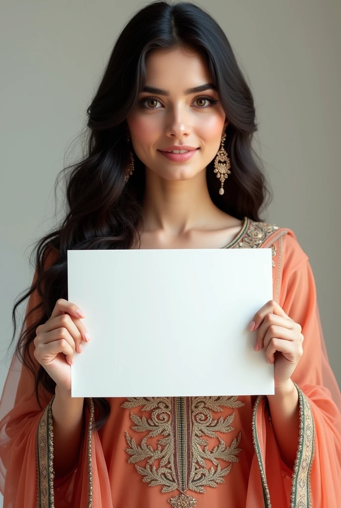 Beautiful girl with wavy long hair, in Punjabi Pakistani dress, holding a white board with text "Muhammad Rafeeq" and showing it to the viewer