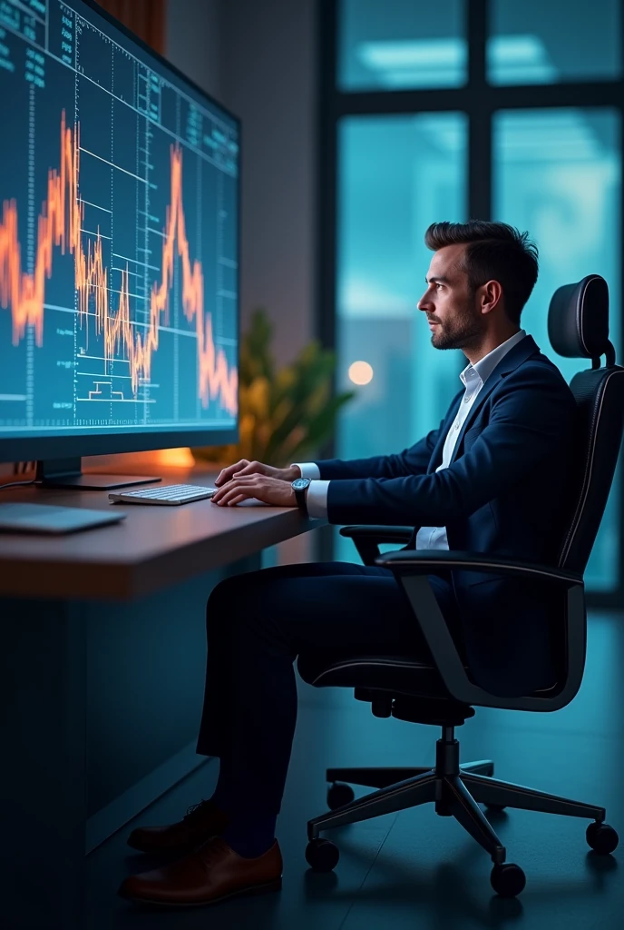 a guy with his wealth on half screen on the right sitting on a chair in front of a computer generating his wealth through equity market with climbing equity market on his background on the left side.