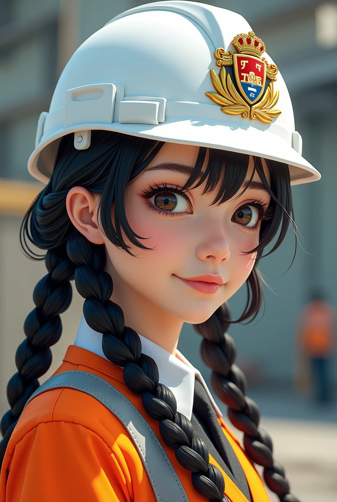 A woman dressed as an occupational health and safety professional, king,of braids, white helmet performing an animated inspection anime type msnga
