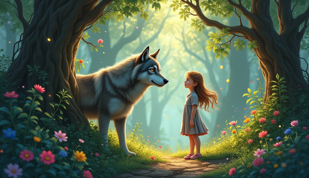 A magical forest with towering trees and colorful flowers, where a friendly gray wolf with wise eyes emerges from the shadows to speak with a curious girl. drawing
