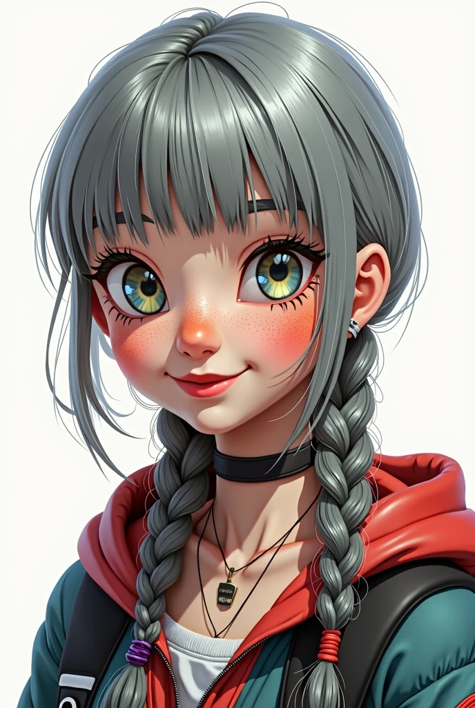 score_9, score_8_superior, score_7_superior, Realistic lighting, photograph, photographRealistic
1girl, Gray Hair, necklace, (Realistic:1.6), photograph, (bangs:1.1), Side view, (Detailed face and eyes:1.2), White Background, Perfect pretty face, Inventor, Look towards the audience, Vibrant colors, Cheeky Smile, choker, freckles, eye shadow, Braid, Round face